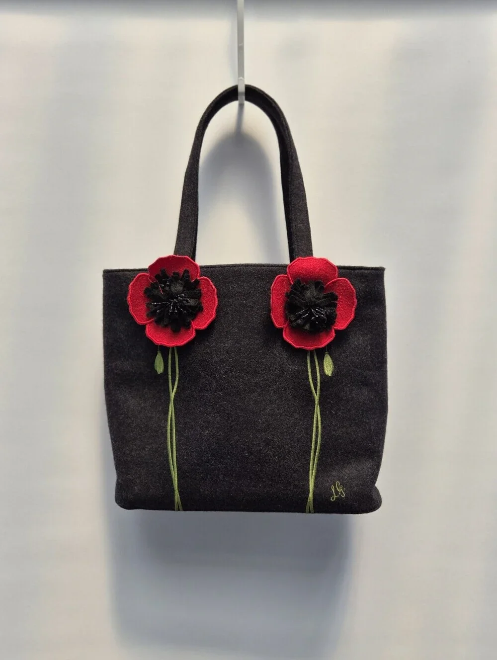 VTG Lulu Guinness Black Wool Felt Poppy Tote Bag Handbag Red Floral Embroidered